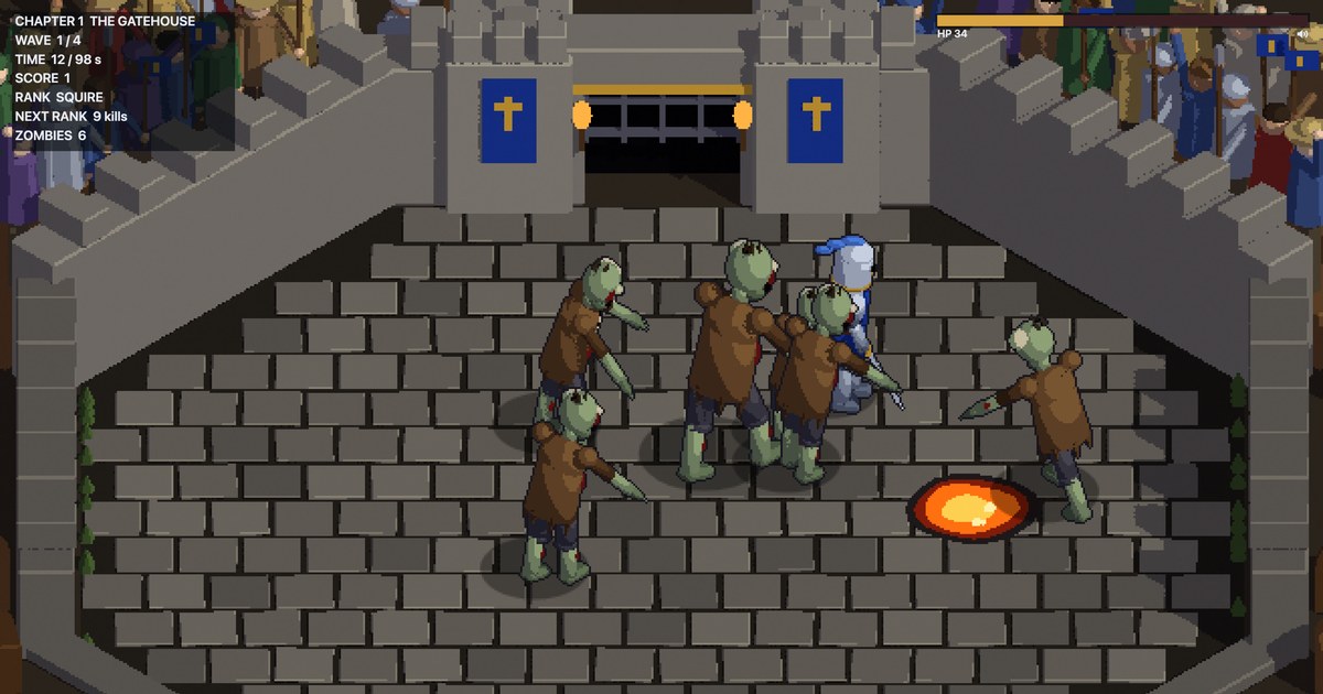 Knight vs Zombies: the knight surrounded by six zombies on the Gatehouse floor beside a pool of lava.